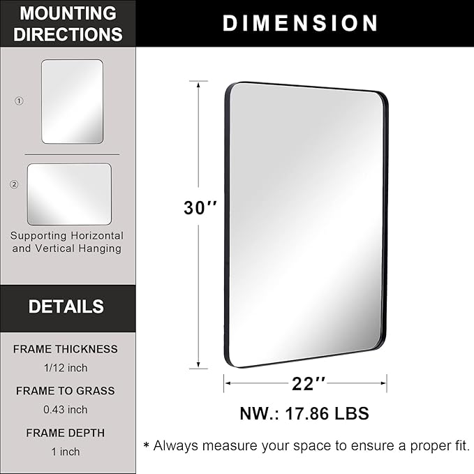 ANDY STAR Wall Mirror for Bathroom, Mirror for Wall with Black Metal Frame 22" X 30", Decorative Wall Mirrors for Living Room,Bedroom, Glass Panel Rounded Corner Hangs Horizontal Or Vertical