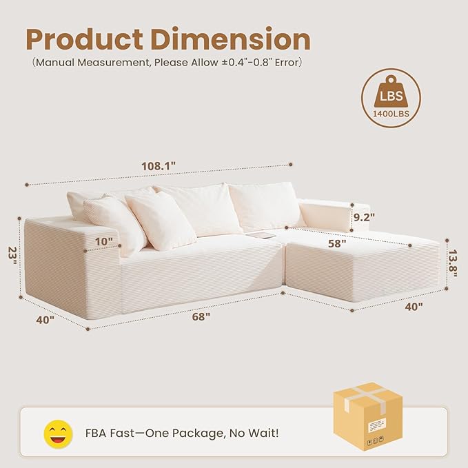 Modular Sectional Sofa, 108" L-Shaped Boneless Couch with Deep Seat, Corduroy Cloud Couch for Living Room, Bedroom, No Assembly Required, Ship in a Box, Beige
