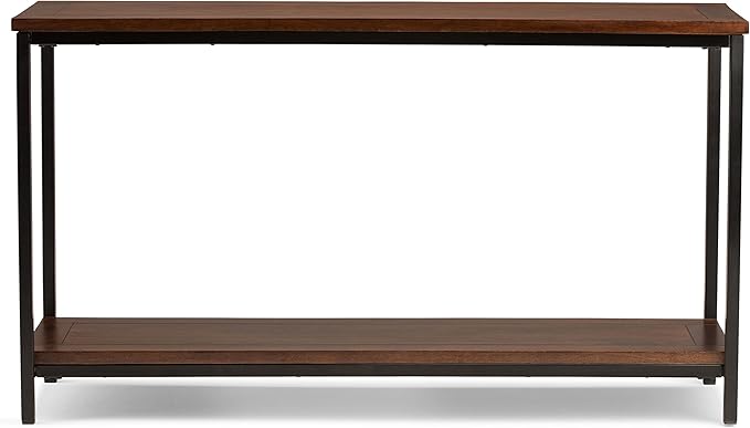 SIMPLIHOME Skyler Console Table - 54 Inch Wide Solid Mango Wood and Metal Sofa Table in Dark Cognac Brown, Industrial Entryway Table for Living Room with Open Bottom Shelf and Black Steel Frame