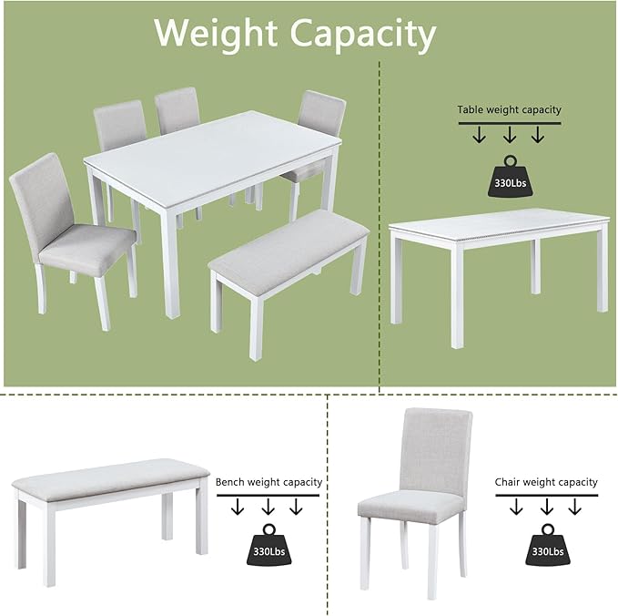 soges 6 Piece Wooden Dining Table Set, Dining Room Table with 4 Upholstered Chairs and Bench, Rectangular 6-Person Kitchen Dining Table Set with Crystal Decoration, White