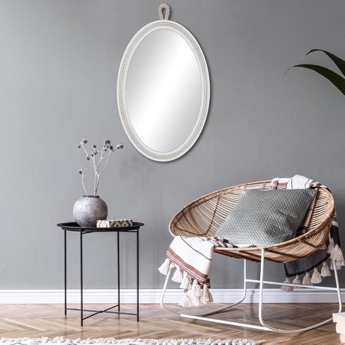 Farmhouse Wall Mirror Rope Mirror Decorative Mirror with Hanging Loop,Beach Nautical Mirror ,24 inches Lx16 inches W,Oval, White, Oval 24 inches Lx16 inches W