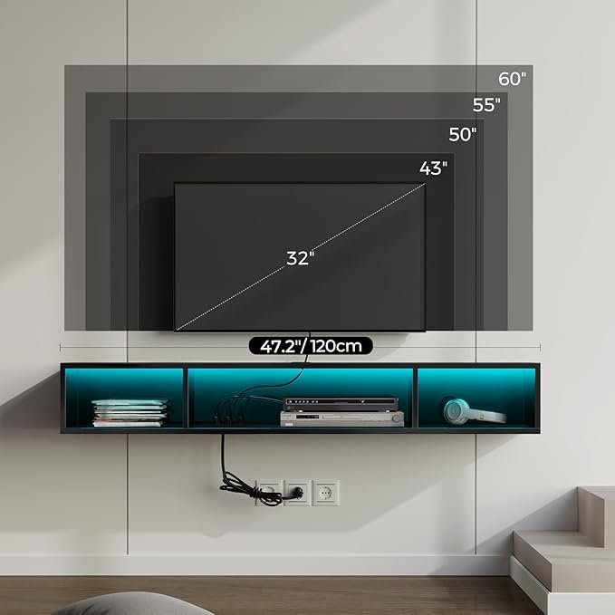 Rolanstar TV Stand with Power Outlet, Floating TV Stand with RGB Lights, 47.2" Wall Mounted TV Shelf, Glossy Black Media Console with Storage Shelf, Entertainment Under TV for Living Room, Bedroom