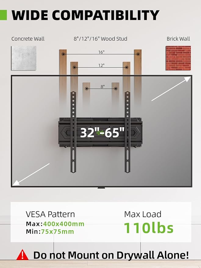 USX MOUNT TV Wall Mount for 32-65 inch Flat Screen/LED/4K up to 110lbs, Full Motion TV Mount Bracket with Swivel & Tilt Articulating Dual Arms, Max VESA 400x400mm, Fits 12/16" Wood Studs