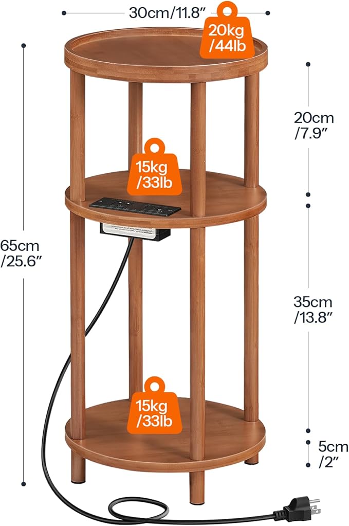 HOOBRO Small Round Side Table with Charging Station, 3-Tier Round Bamboo End Table, Compact Sofa Bedside Table for Small Space, Easy Assembly, for Living Room, Bedroom, Apartment, Walnut WL152UBZ01
