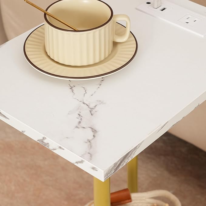 HOOBRO Side Table with Charging Station, Set of 2 End Tables with USB Ports and Outlet, Nightstand with 2-Layer Storage Shelves for Small Spaces, Living Room, Bedroom, Gold and Marble DM09UBZP201