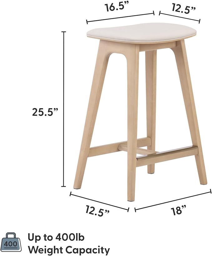 Plank+Beam Beryl Counter Height Stool - Mid-Century Modern Rubberwood Bar Stool with Faux Leather Seat, Metal Footrest, Easy Assembly, 4-Pack, Blonde/Sesame
