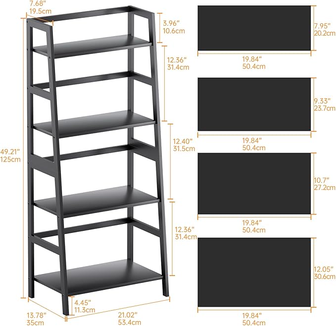 HITNET Ladder Shelf Black, 4-Tier Bookshelf, Freestanding Bathroom Storage Rack with Bamboo Frame, Plant Display Stand for Living Room, Kitchen, Home Office