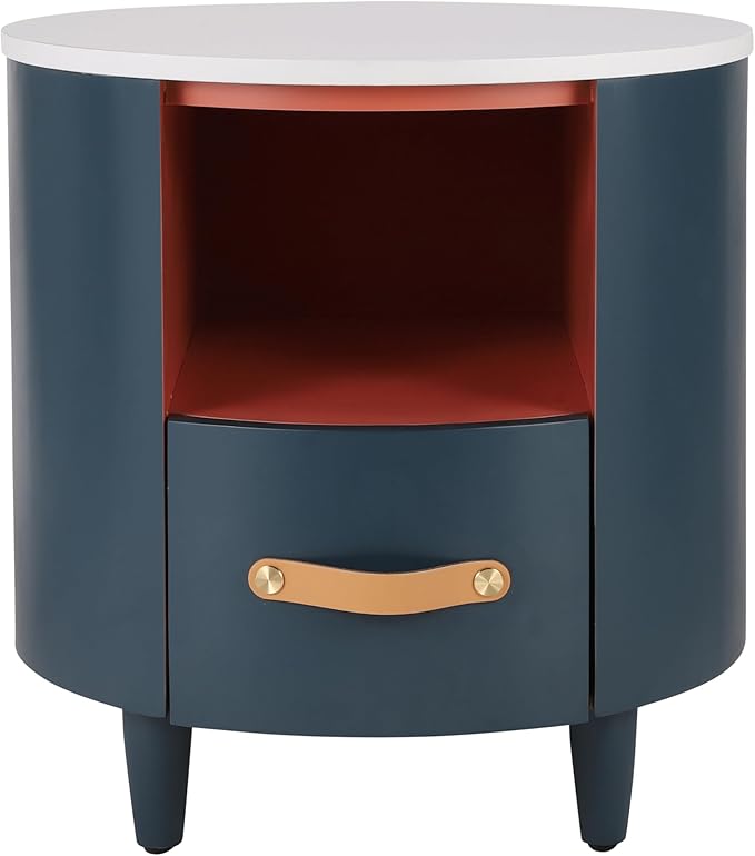 Merax Round Nightstand with Storage Drawer, MDF Contemporary Modern Bedside Table with Open Storage Shelf, Curved Design Sofa End Table for Bedroom & Living Room, Easy Assembly, Blue