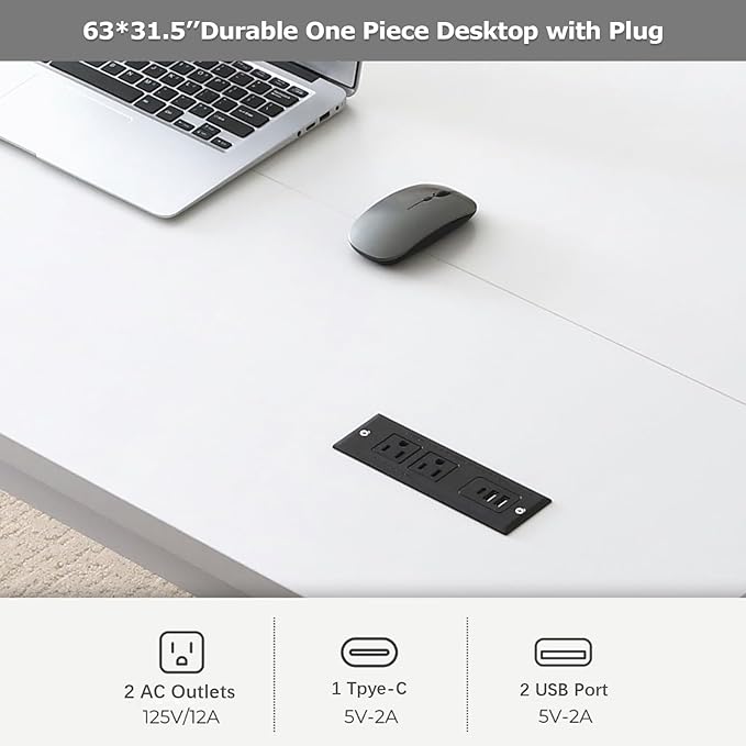 Large Computer Desk - 63 Inch Home Office Desks Study Student Writing Table Gaming Desk Wood Modern Simple Table with USB Ports, White