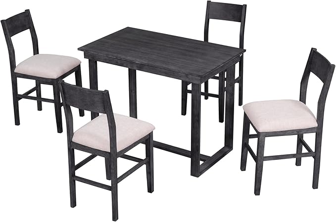 Merax Farmhouse Counter Height 5-Piece Dining Set with 1 Rectangular Table and 4 Upholstered Chairs for Small Places, Family Kitchen Furniture, Gray