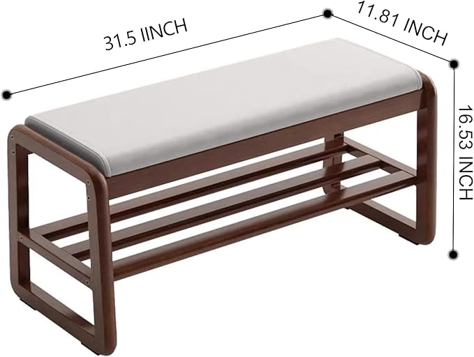 Solid Wood Shoe Bench, 2-Tier Wooden Storage Entryway Bench, Mid-Century Modern Shoe Bench Rack, End of Bed Bench with Faux Leather Cushion, Ottoman Bench for Hallway, Living Room (Cream Grey 31.5'')
