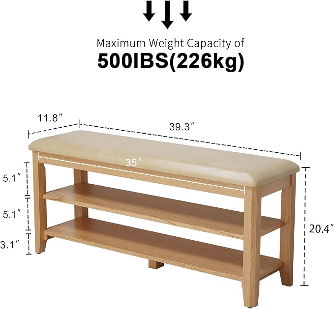 Wood Shoe Rack Bench for Entryway, Shoe Rack for Front Door Entrance with Leather Cushion, 2 Tier Shoe Bench with Shoe Storage for Entryway, Bedroom.