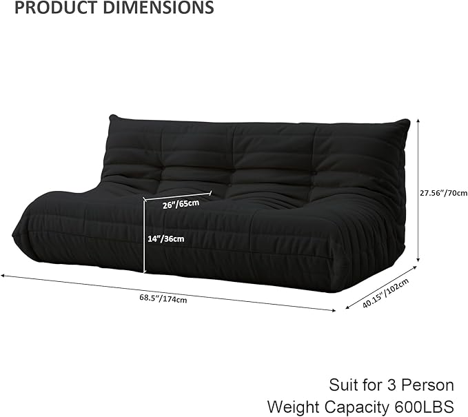 Luxury Sofa Couch Chair, Lazy Floor Seating, Fireside Bean Bag Chair, Ergonomic Tatami Sofa Lounger for Living Room, Bedroom, Office, 3 Seat, Black