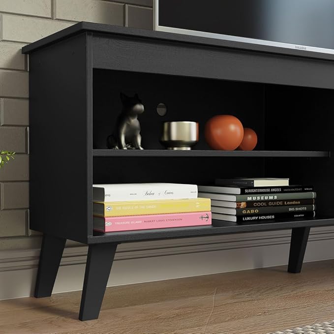 Madesa TV Stand Unit with 4 Shelves and Cable Management for 55, 65 Inch Media 1 Storage Gaming Media Console Living Room and Bedroom Entertainment Center Modern Wooden Television Cabinet - Black