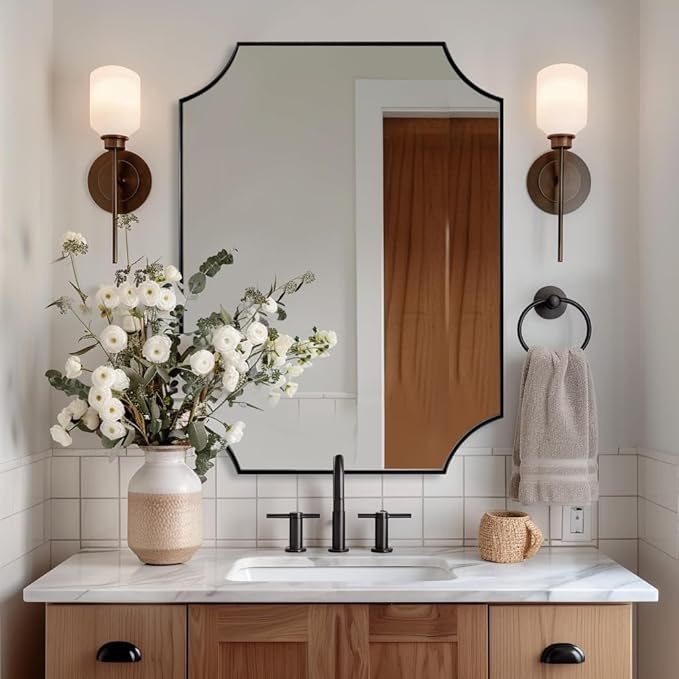 ANDY STAR 30x40 Inch Bathroom Mirror, Black Bathroom Mirror for Over Sink, Unique Rectangle Wall Mirror, Matte Black Framed Rectangular Mirror with Scalloped Edges, Ideal for Home Decor