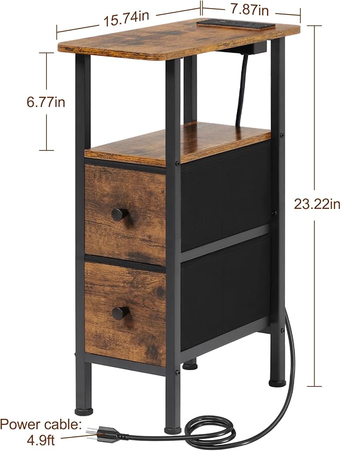 Narrow End Table Living Room with Charging Station, Skinny Side Table with Fabric Drawers, Slim Nightstand for Bedroom, Small Spaces, Couch, Brown, HETNDP02BR-1