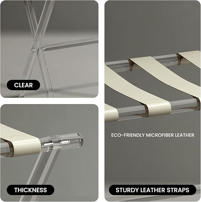 Sumerflos Acrylic Luggage Rack for Guest Room - Foldable Suitcase Stand with Leather Straps for Bedroom Living Room Hotel Heavy-Duty, Holds up to 50-100 lb lightweight Space Saving (Beige & Handle - 2 Pcs)