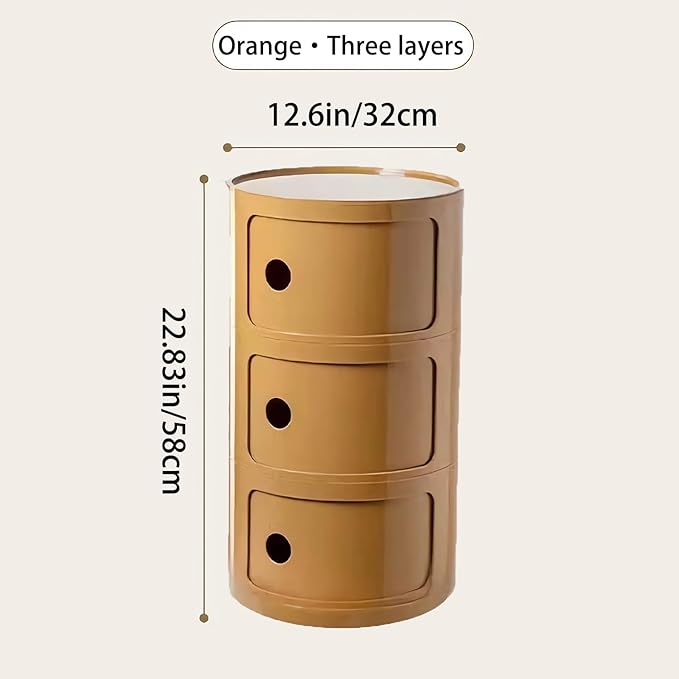 Round Nightstand with 3 Drawers, Modern Style Side Table, Multifunctional End Table Storage Cabinet for Living Room, Bedroom, Bathroom (Orange)