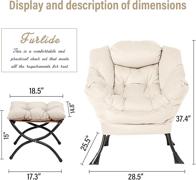 Lazy Chair with Ottoman, Modern Chair with Folding Footrest, Lounge Accent Chair, Comfortable Reading Chair, Oversized Armchairs for Bedroom, Study, Living Room, Courtyard (Beige)