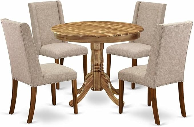 East West Furniture ANFL5-ANA-04 5 Piece Kitchen Table Set for 4 Includes a Round Dining Room Table with Pedestal and 4 Light Tan Linen Fabric Parson Dining Chairs, 36x36 Inch, Natural