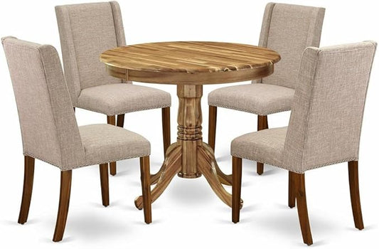 East West Furniture ANFL5-ANA-04 5 Piece Kitchen Table Set for 4 Includes a Round Dining Room Table with Pedestal and 4 Light Tan Linen Fabric Parson Dining Chairs, 36x36 Inch, Natural