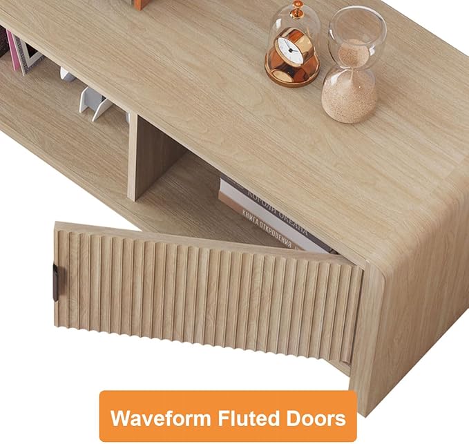 FATORRI TV Stand for TVs up to 75/65/55 Inch, Wood Entertainment Center with Storage, Farmhouse Waveform Fluted-Door Television Media Console for Living Room, Bedroom (63 Inch W, Light Walnut)