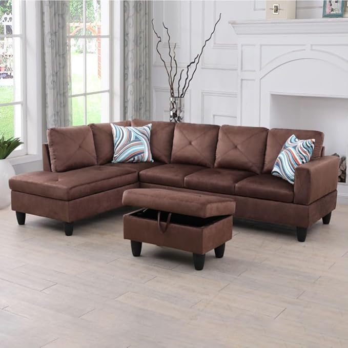 Brown L-Shaped 3-Piece Microfiber Sofa with Storage Ottoman Set, Sectional Couch Sofa Set for Living Room, Office, Small Space
