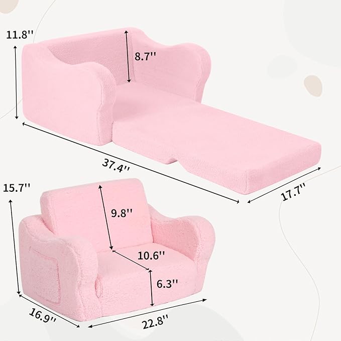 Comfy Toddler Chair, 2-in-1 Toddler Couch Fold Out, Convertible Sherpa Sofa to Lounger for Boys & Girls, Pink