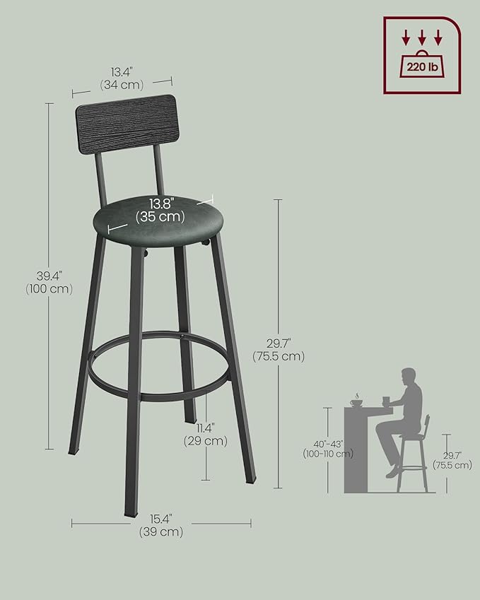 VASAGLE Bar Stools, Set of 2 PU Upholstered Breakfast Stools, 29.7-Inch Barstools with Back and Footrest, Simple Assembly, for Dining Room Kitchen Counter, Classic Black and Forest Green ULBC069C01