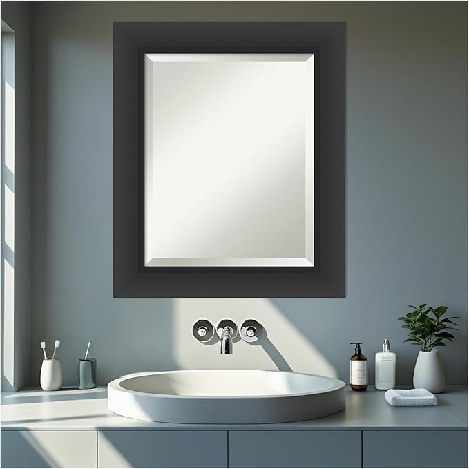 Amanti Art Black Bathroom Mirror for Over Sink, 26x22 Sloped Black Rectangle Vanity Mirror, Small Modern Contemporary Frame, Hangs Horizonally and Vertically, Bathroom Wall Decor, Beveled Edge