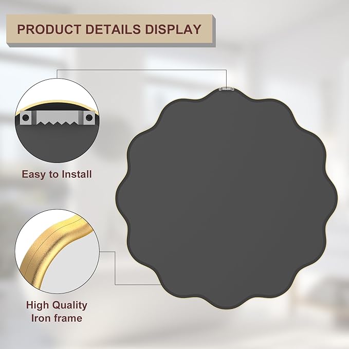 PROHOMEWARE Gold Round Mirror 36 Inch Wavy Bathroom Vanity Mirror Gold Frame Modern Wall Mirror Decorative Wall-Mounte Anti-Rust, Tempered Glass
