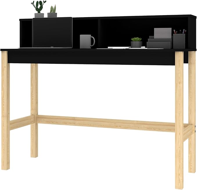 Manhattan Comfort Bowery 47 Inch Mid Century Modern Home Office Desk, Study Table or Entryway Furniture with 2 Cubbies and Rustic Wood Base, 24 inch, Black/Oak
