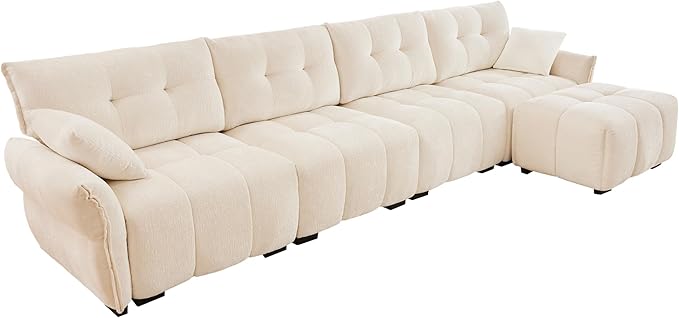 Modern Chenille Fabric 4-Seat Sofa w/Ottoman+2 Pillows, Premium Upholstery Living Room Couch with Tufted Backrest & Comfortable Armrests and High-Resilience Memory Foam Cushions,White