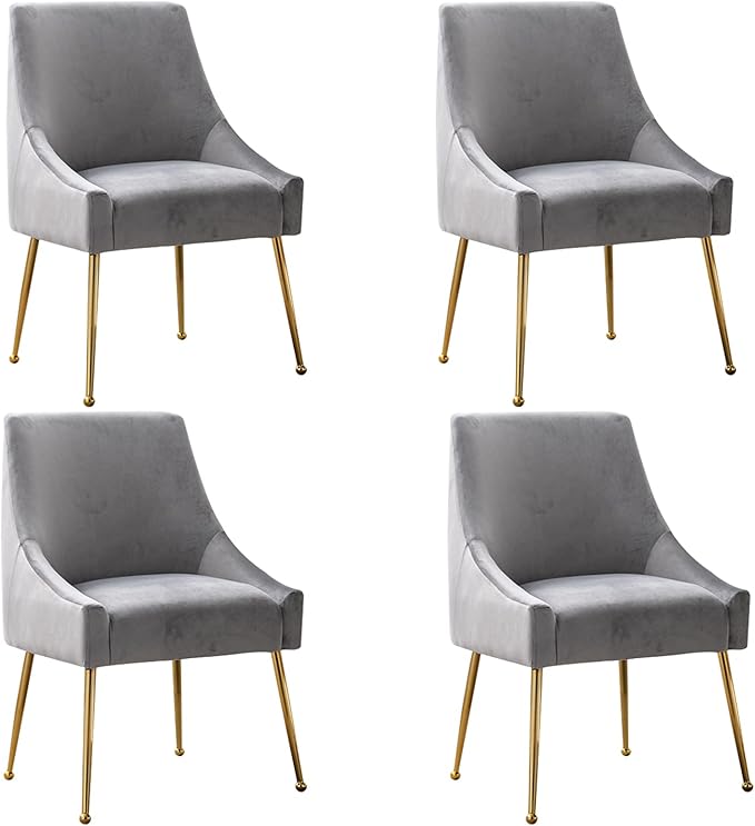Modern Velvet Dining Chairs Set of 4, Contemporary Upholstered Furniture Collection with Polished Gold Metal Legs, Elegant Accent Chairs for Kitchen Living Room(Grey)