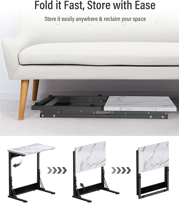 Tatub 24" Folding TV Tray Table, Marble C Shaped End Table for Couch, Small Sofa-Side Laptop Desk with Black Metal Frame for Living Room, Bedroom, Bedside