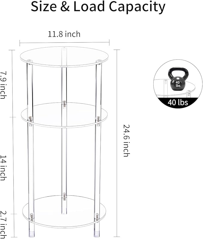 Clear Round Acrylic Side Table for Small Spaces, 11.81" L x 11.81" W x 24.6" H, 3 Tier Small Modern Drink End Table Nightstand, Minimalist Bedside Table for Living Room, Bedroom, Bathroom