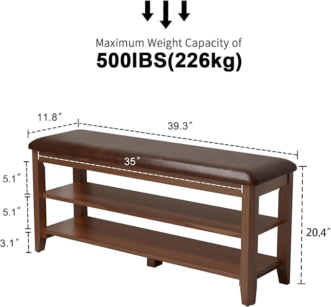 Wood Shoe Rack Bench for Entryway, Shoe Rack for Front Door Entrance with Leather Cushion, 2 Tier Shoe Bench with Shoe Storage for Entryway, Bedroom.