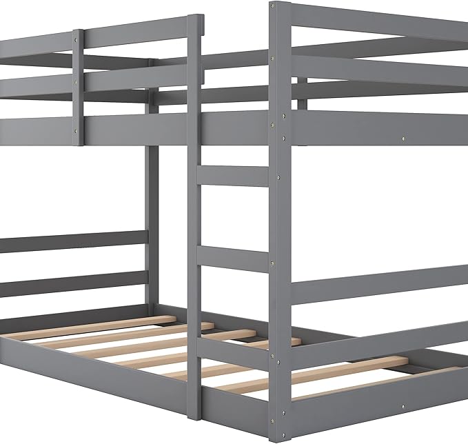 Ball & Cast Twin Over Full Bunk Bed with Two Drawers,Convertible Solid Wood Bed Frame with Ladder & Full Length Guardrails, Detachable Bunk Beds for Kids,Teens,Space Saving, No Box Spring Needed,Grey