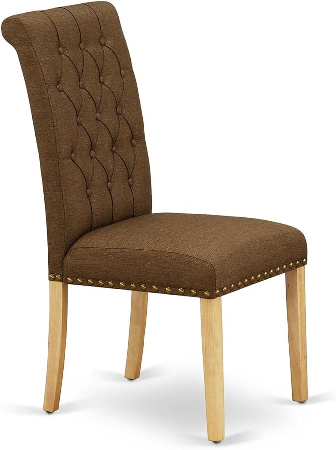 East West Furniture BRP4T18 Bremond Parson Kitchen Chairs - Button Tufted Nailhead Trim Brown Linen Linen Fabric Upholstered Dining Chairs, Set of 2, Oak