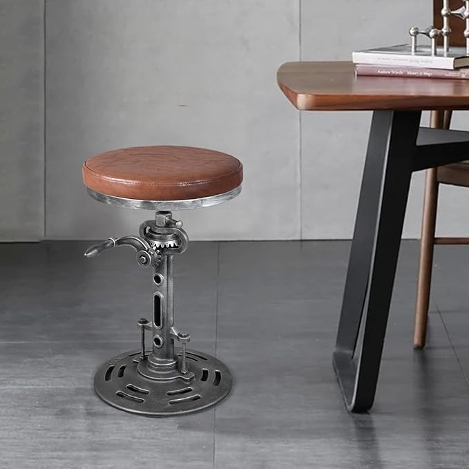 LOKKHAN American Antique Steampunk Deco Vintage Industrial Bar Cafe Stool, Retro Stylish Cast Iron Base Swivel Round Leather Top, Easily Adjusts by Crank Handle