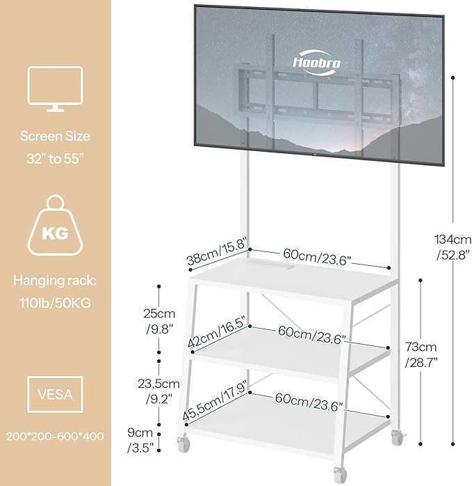 HOOBRO Rolling TV Stand with Mount and Power Outlet Up to 55 inch TV, Corner Entertainment Center, Small TV Stand with 3-Tier Storage Shelves for Living Room, Bedroom, White WW66UDS01