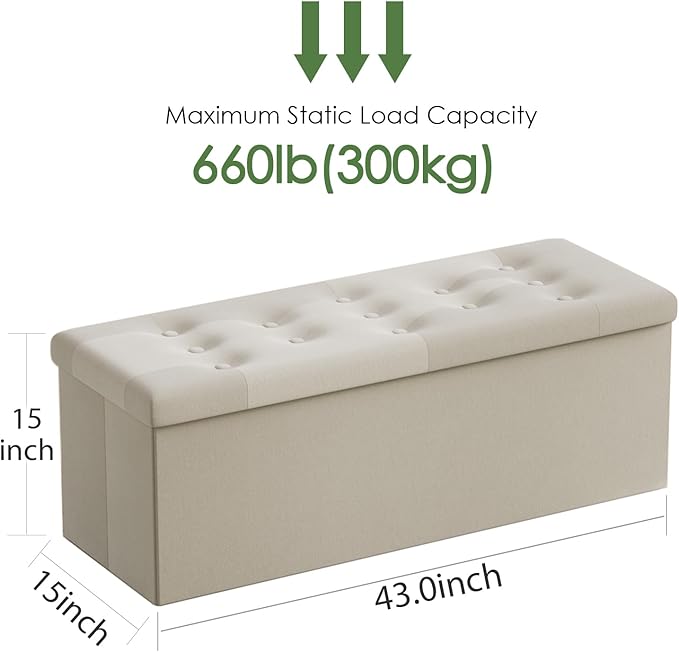 PRANDOM Jumbo Ottoman with Storage [1-Pack] Velvet Folding Small Square Foot Stool with Lid for Living Room Bedroom Coffee Table Dorm Beige 43x15x15 inches