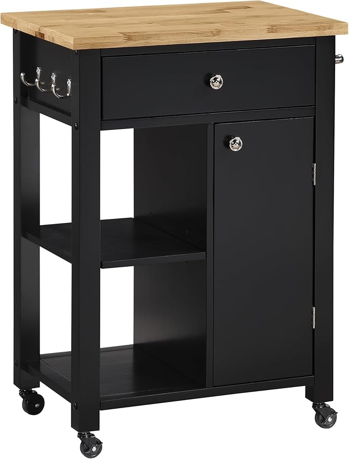 OSP Home Furnishings Derry Modern Farmhouse Kitchen Cart with Natural Butcher Block Top, Rolling Storage Cabinet with Drawer, Shelves, Hooks, Black Finish