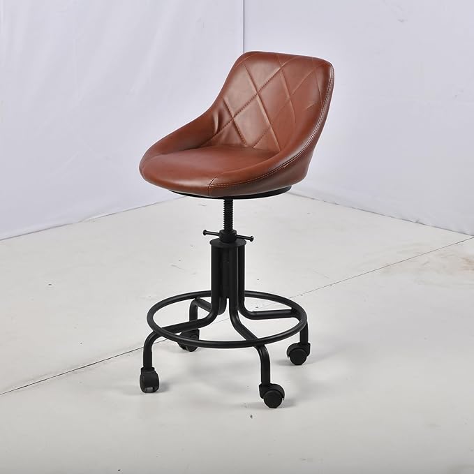 Topower Antique Industrial Design Metal Adjustable Height Kitchen Dining Breakfast Chair Industrial Style Bar Stool with Wheels, Fully Welded, Brown PU Leather Sea