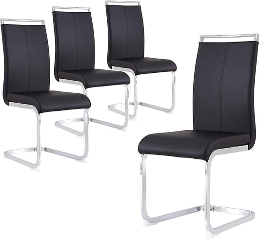 Dining Chairs Set, Kitchen Modern Metal Chairs with Faux Leather Padded Seat High Back and Sturdy Chrome Legs, Chairs for Dining Room (Black, Set of 4)