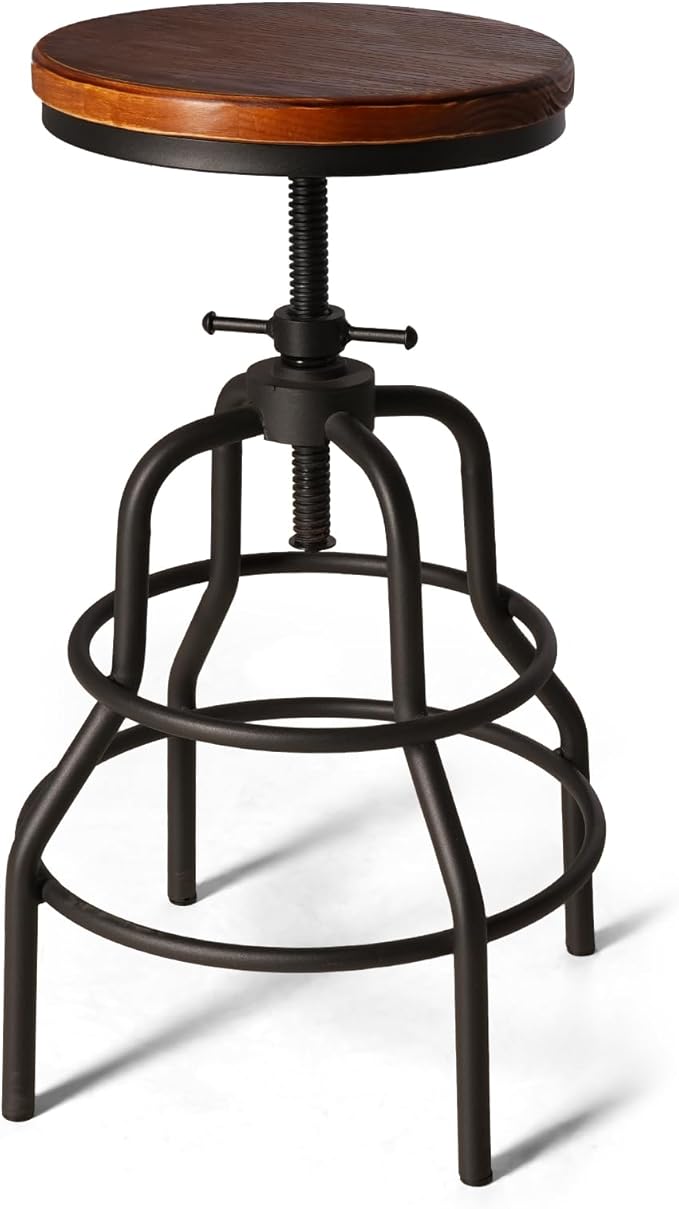 LOKKHAN Vintage Industrial Barstools - 13.8" Dia Round Wooden Brown Seat - Black Metal Base - Adjustable Height: 23.6"-29.5" / Minimalist Design/Raw Rustic Look/Rotating Top Bar Chairs, Set of 4