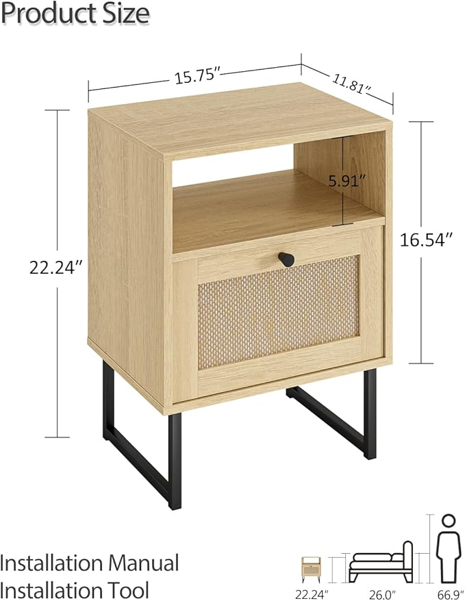 Masupu Rattan Nightstand,Modern Boho Farmhouse Wood Bedside Table with Storage Drawer and Open Shelf,Small Black Frame Side End Table for Bedroom,Living Room,Office (Natural)