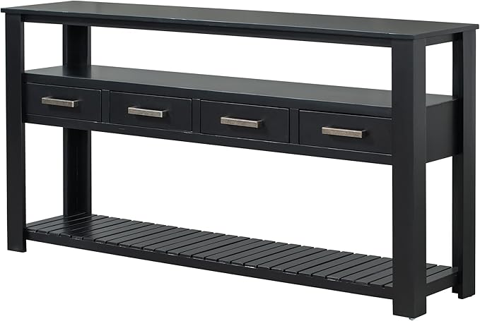 Ball & Cast 62.2“ Contemporary 4 Drawers Console Table, Long Entryway Table with Drawer & 3 Tier Shelves, Modern Storage Sofa Table, Farmhouse Wood Couch Table for Entrance Hallway Living,Black
