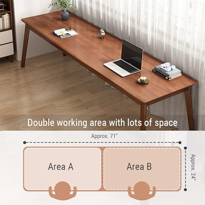 Mid-Century Long Desk Table - 71" Simple Modern Extra Long 2-Person Wood Computer Workstation for Home Office Work in Walnut, 71" W x 24" D
