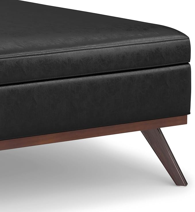 SIMPLIHOME Owen 40 inch Wide Mid Century Modern Square XL Coffee Table Storage Ottoman in Distressed Black Vegan Faux Leather, Assembled, for The Living Room, Entryway and Family Room